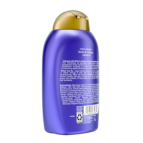 Image of OGX Thick & Full + Biotin & Collagen Extra Strength Volumizing Shampoo with Vitamin B7 & Hydrolyzed Wheat Protein for Fine Hair. Sulfate-Free Surfactants for Thicker, Fuller Hair, 13 fl oz