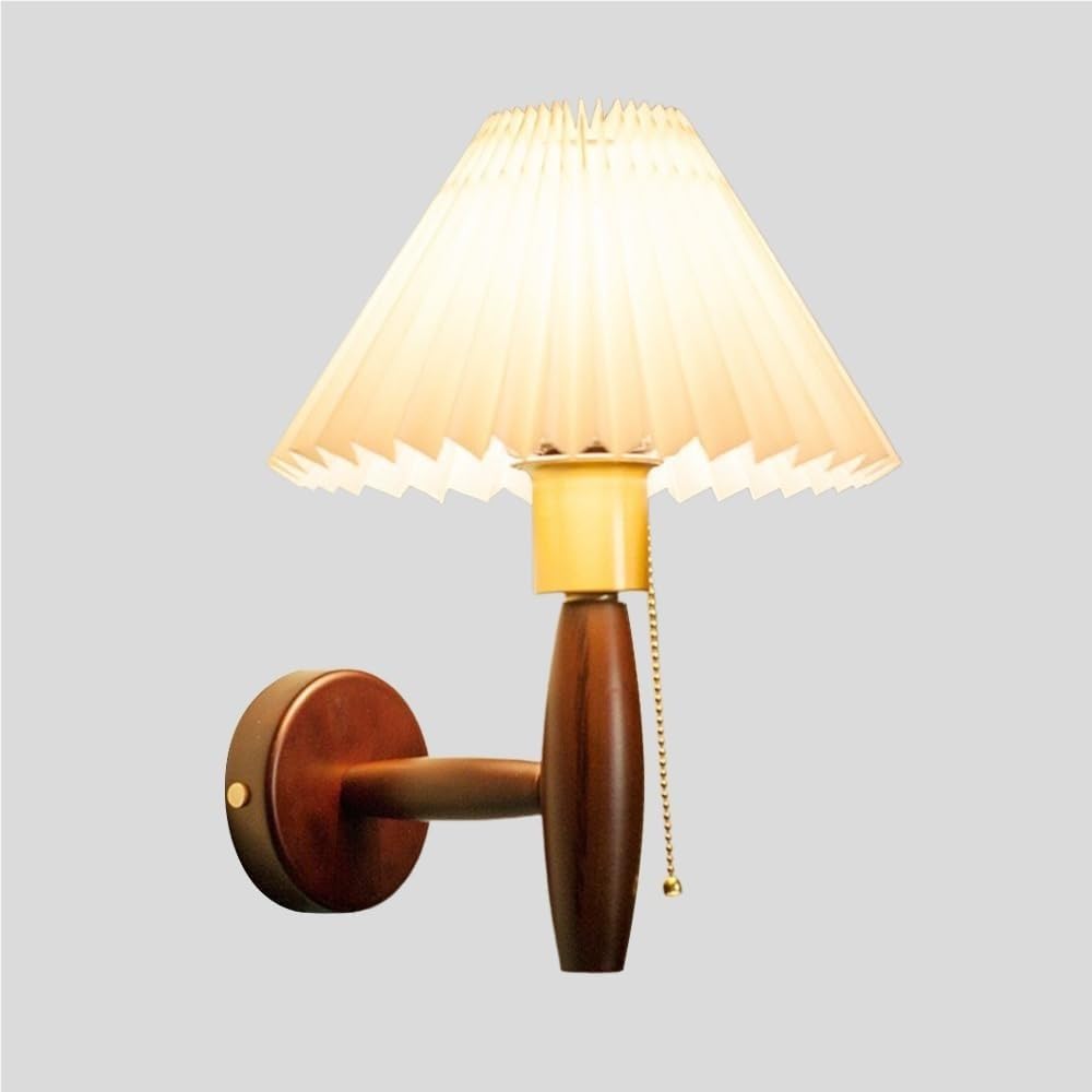 SXECAEPS Modern Retro Pleated Wall Sconce E27 Hardwired Sconces Wood Lamp Pull Switch Bedside Mounted Light for Vanity Living Room Bedroom Bathroom Mirror Hallway Stairway