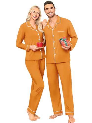 Couples Pajamas Sets Women & Men Long Sleeve Sleepwear Button Down Loungewear Pjs Set with Long Pants