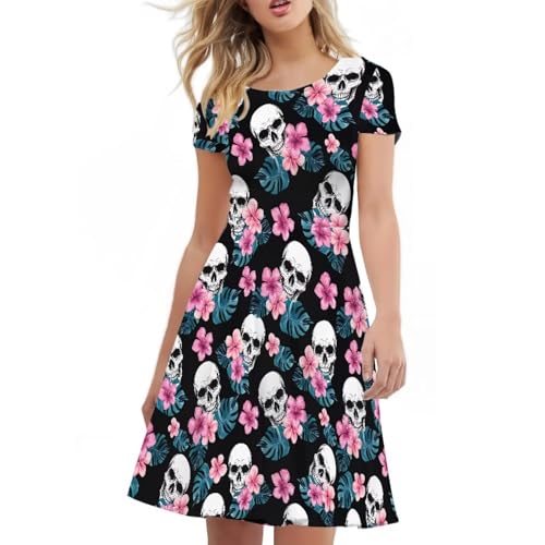 Image of HUGS IDEA Womens Puffy Swing Midi Dress Round Neck Short Sleeve Party A-Line Dresses
