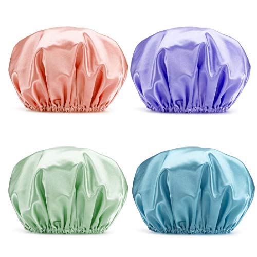 Riveda 4 Pack Shower Cap 4 Pack Luxury Shower Cap Waterproof & Double Layer Reusable Bath Shower Cap for Women Spa Hair Salon Home Hotel Travel Use