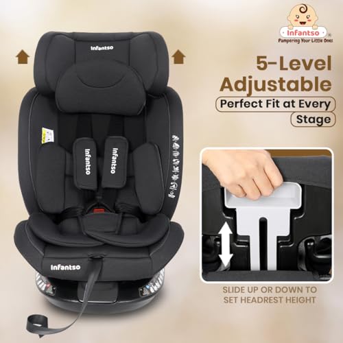 Image of Infantso Premium RIDE-ON (6 in 1) - ISOFIX (ECE R44 /04 Certified) Car Seat 360 Rotating Recliner Baby Car Seat for 0 to 12 Years Convertible Carseat for Baby & Kids | Forward Facing & Rear Facing, 5-Adjustable Recline Levels, Adjustable Headrest with 3-Point Safety Harness (All Black)