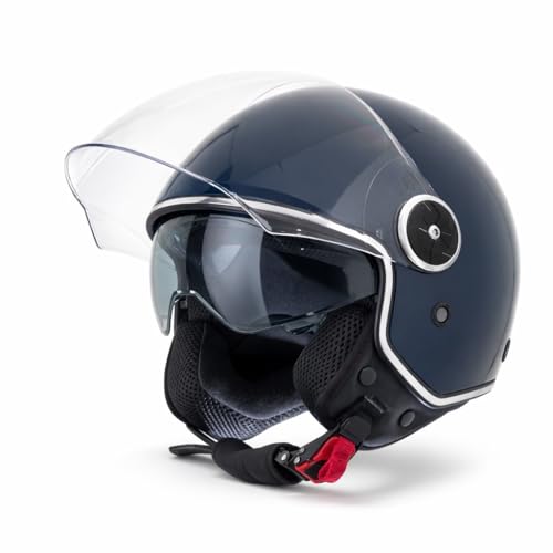 VINZ Tobia Casque Jet avec Visière Solaire et Visière | Casque de Scooter Moto / Vintage | Certifié ECE 22.06 | Tailles XS-XXL - Bleu