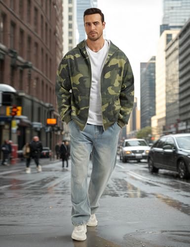 Camo Zip up Hoodie Men Full-Zip Fleece Hoodies Oversized Hooded Sweatshirts Maple Leaf Print Long Sleeve Sweatshirt