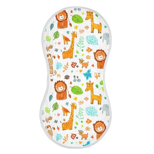 Jungle Animal Fun Muslin Burp Cloths 22x11 Inch - 4-Layer Organic Cotton & TPU Waterproof Lining, Absorbent Baby Bibs for Boys/Girls with Hanging Loop