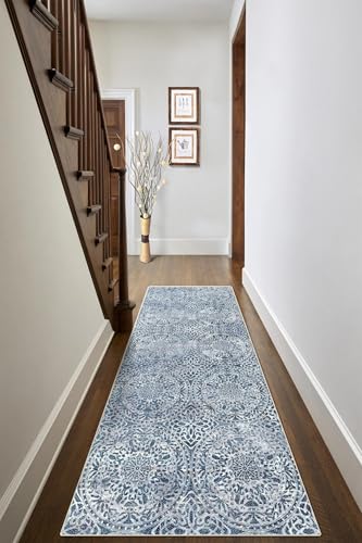 vivorug Blue Runner Rug 2x10 Machine Washable Rug with Non-Slip Backing, Ideal for Kitchen Hallway Entryway Laundry Room - Vintage, Durable, Easy Clean, Low Pile Carpet Runner