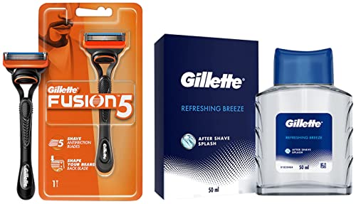 Image of Gillette Fusion Manual Razor for Men for Perfect Shave and Perfect Beard Shape & Gillette AFTER SHAVE SPLASH REFRESHING BREEZE 50ML, White