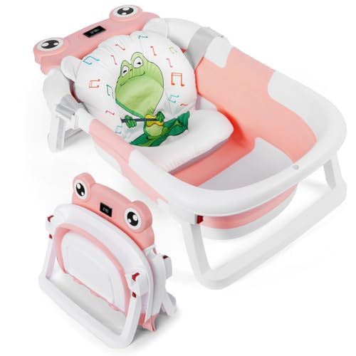 Image of EzyWay Collapsible Baby Bath Tub with Touch Screen Thermometer for Real Time Temperature, Perfect Portable Travel Baby Tub, Anti-Slip Legs Collapsible Tub with Cushion Pad (Pink)