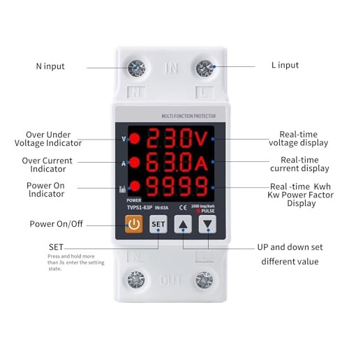 Relé protección sobrecorriente ajustable de 63A con medidor vatio hora y voltajes de 230V DIN 2