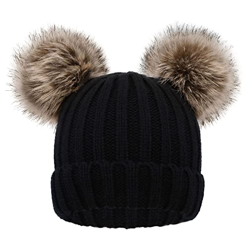 Image of Simplicity Warm Kids Boys Girls Winter Hat with Pompom Ears Elastic Knitted Toddler Beanie Hats for Girls Boys