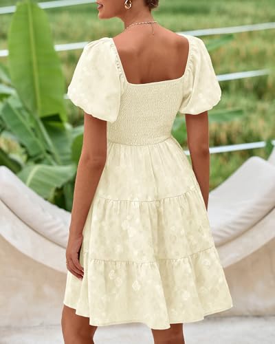Image of dowerme Womens Summer Dresses 2025 Puff Short Sleeve Square Neck Smocked Floral Wedding Guest Mini Dress with Pockets