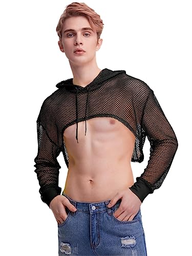 WDIRARA Men's Drawstring Fishnet Mesh Long Sleeve Hoodie Crop Top Pullovers