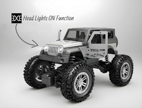 Image of Remote Control Off Road Rock Climbing Car for Kids, Rechargeable Thar Toy with Mist Spray, Openable Doors, Front LED, Shock Absorbers, Mobile Connect, USB-C Port & 75ft Range (Red)