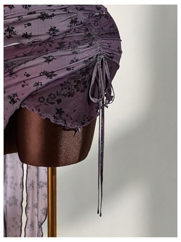 MakeMeChic Women's Mesh Floral Low Waist Skirt Asymmetrical Ruched Drawstring Layered Y2k Skirts4