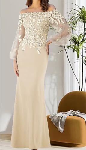 Mother of The Bride Dresses Long Sleeves Formal Evening Gowns Laces Appliques Off Shoulder Wedding Guests Party Dress4