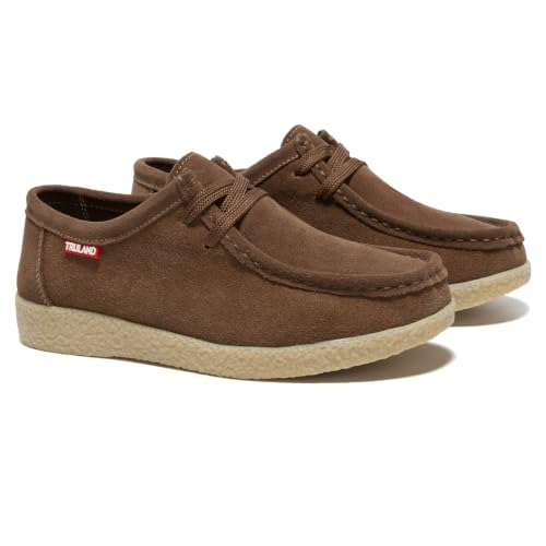 Image of TRULAND Leather Oxford Shoes for Women - Suede Lace Up Moc Toe Low Platform Flat Wallabees Shoes