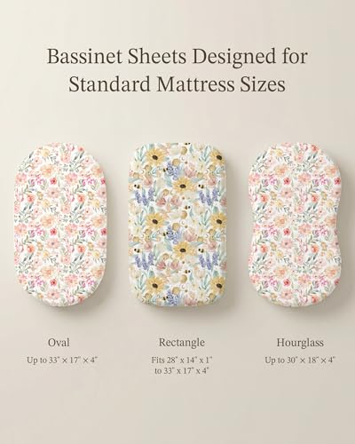 Image of Bassinet Sheets for Baby Girls Boys 2 Pack, Fitted Baby Mattress Sheet for Rectangle, Oval, Hourglass Bassinet Mattress, Breathable Cozy & Universal Fit (Golden Meadow, Bassinet Sheet)