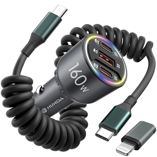 160W USB C Car Charger Fast Charging,HUNDA USB Car Cigarette Lighter Splitter with 3 Ports PD 100W&PD 30W Fast Charge Car Charger for iPhone 15/15 pro/15 Pro Max,Galaxy s24/s23/s22 ect