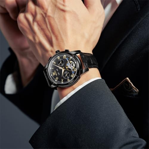 Image of OLEVS Mechanical Dress Mens Watches Square Brown Leather Strap Moon Phase Skeleton Tourbillion Day Date Waterproof Luminous Men's Wrist Watches