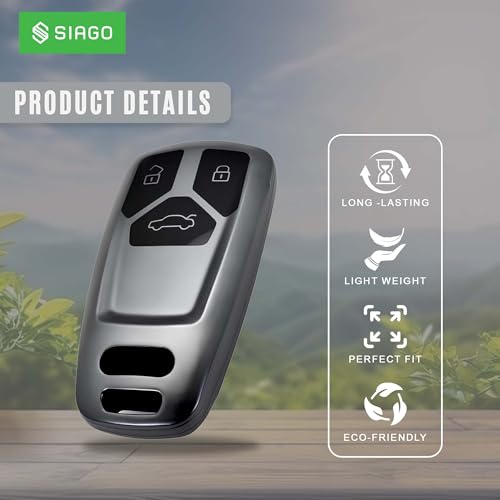 Image of SIAGO TPU Key Cover and Round Key Chain Compatible with Audi Q5, A5, A8, Q7, A4, A6 3 Button Flip Key (Grey)