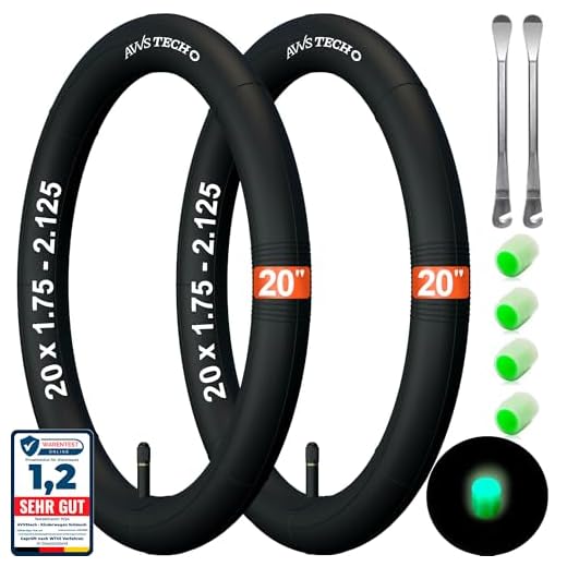 Fahrradschlauch 20 Zoll | 20x1.75-2.125 (47/62-406) Premium-Set Butyl Schlauch 20" Autoventil AV 32 für Kinderfahrrad, BMX, Klapprad, Fahrradanhänger, Faltreifen & Anhänger inkl. 2 Montierhebel
