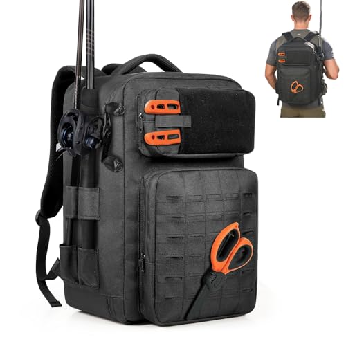 WEFLIER Angelrucksack mit Rutenhalter 48L Taktische Angeln Schultertasche militär Rucksack,Wasserdicht Angeltasche,Schwarz,46×35×30CM