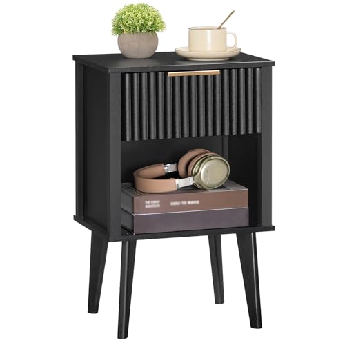 MAHANCRIS End Table, Fluted Night Stand, Modern Side Table, Bedside Table with 1 Drawer and 1 Open Compartment, Mid Century Nightstand, for Living Room, Bedroom, Study, Office, Black ETBK6201
