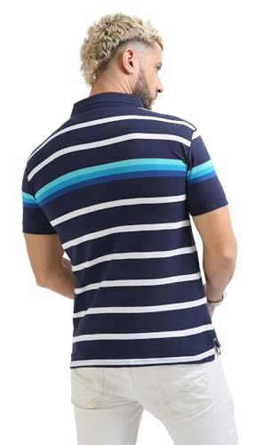 Image of fanideaz Mens Cotton Half Sleeve Striped Relaxed Fit Polo T Shirt With Collar 5005Navy S Ocean Blue