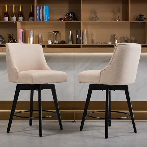 Image of Swivel Counter Height Bar Stools with Back, 26 inch H Seat Height Upholstered Fabric Counter Stools for Kitchen Island, Set of 2, Fabric in Flax Beige