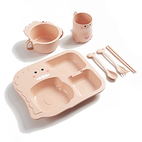 Linghe 子ども用食器セット キッズプレート ランチプレート ベビー食器 仕切り ボウル 子供用品 仕切り付きプレート 食器 はじめて 皿 軽量 離乳食 食器セット キーズ カトラリーセット (ピンクの恐竜, 6)