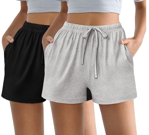 Ekouaer Womens 2 Pack Pajama Shorts Comfy Lounge Bottom Y2k Printed Sleep Short with Pockets Pj Bottoms Black/Grey Medium