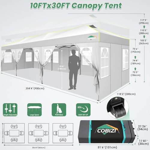 Image of COBIZI 10x30 Pop Up Canopy Tent with 8 Removable Sidewalls, Outdoor, White