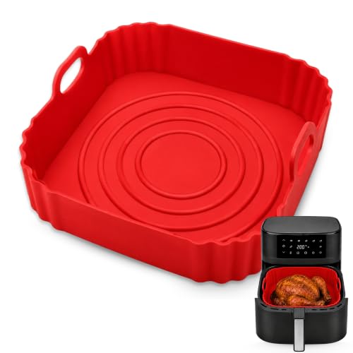 Molde Silicona Cuadrado para Freidora de Aire, Accesorios Freidoras de Aire, Recipiente de Silicona Cuadrado para Freidora, Antiadherente, Apta para freidoras de 4 a 5 litros, Silicona, Rojo