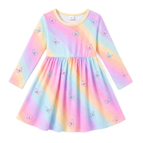 Image of Tkria Toddler Girls Rainbow Dress Striped Fall Dress Cartoon Colourful Long Sleeve Casual Dressy 2-7T