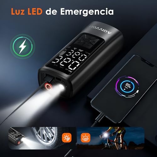 HOVVIDA Compresor de Aire Portatil, Inflador Ruedas Coche 150 PSI (10,3 Bar) 5V, Compresor Aire Coche Bicicleta, Batería Recargable, con LED, para Coche, Moto, Bicicleta, Pelota - imagen 6