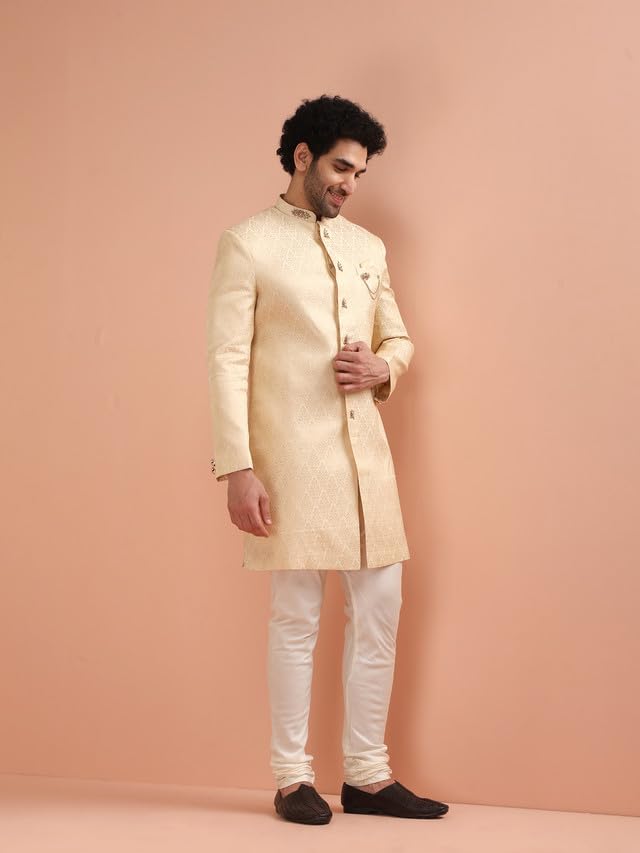 Kisah Men Cream Jacquard Indowestern Sherwani Churidar Set With Ethnic Motifs, 40