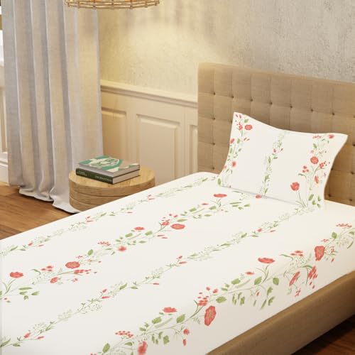 Image of Urban Space Serene 100% Cotton 200 TC Printed Bedsheet for Single Bed with 1 Pillow Cover (Size 58 x 90 inches, Veil Bloom - Peach)
