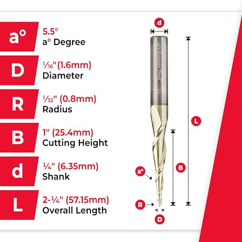 Image of Amana Tool Up Cut Spiral CNC Router Bits for 2D /3D Carving, ZrN Coated, 46252-S, 5.5 Deg Tapered Angle Ball Tip x 1 /16 D x 1 /32 R x 1 x 1 /4 Shk x 2 Fl