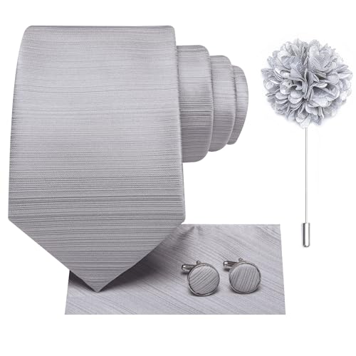 Image of Hi-Tie Men Silk Ties Set with Flower Lapel Pin Necktie Pocket Square Cufflinks for Tuxedo Wedding Business
