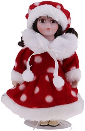 DYNWAVE 20cm Porcelain Doll Brown Hair, Standing Girl Doll with Stand, Christmas Birthday Gift, Desk Table Ornaments
