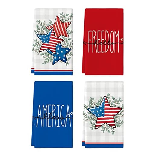 Artoid Mode Buffalo Plaid American Flag Stars 4th of July Kitchen Towels Dish Towels, 18x26 Inch Eucalyptus Leaves Patriotic Liberty Decor Hand Towels Set of 4
