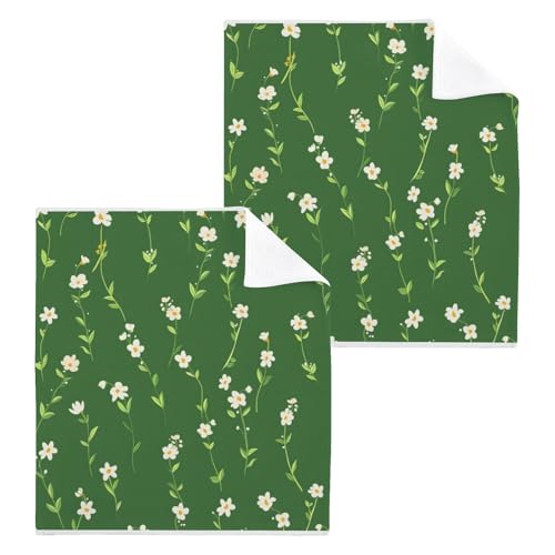 ALAZA Wash Cloth Set 100% Cotton Fingertip Towels Face Cloths Sets Green White Flowers Small Highly Absorbent Soft Feel Set of 2