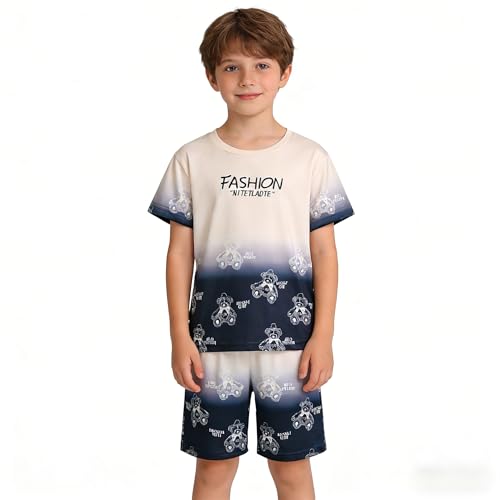 Image of Ayzozuy Boy Clothes Colorblock Top + Drawstring Waist Shorts 2 Pieces Kid Summer Outfits Set