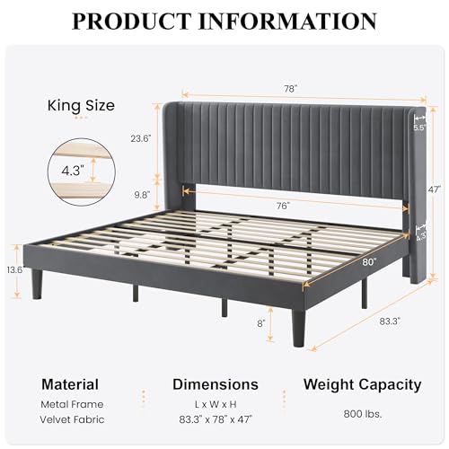 Image of SHA CERLIN King Size Velvet Bed Frame, Tufted Wingback Headboard, Grey | 47'' Modern Vertical Channel Headboard, Upholstered Platform Bed, Wood Slats, No Box Spring Needed, Easy Assembly, Noise Free