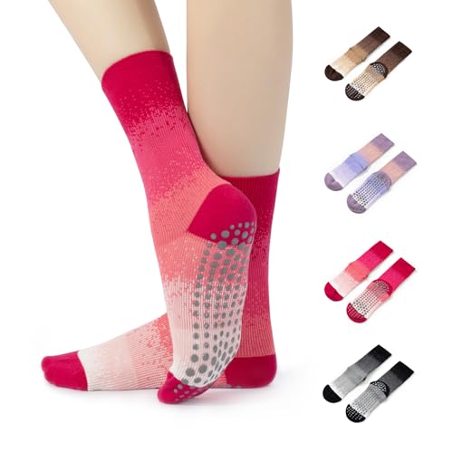 Image of Pilates Grip Yoga Socks with Grips for Women, Colorful Non Slip Crew Athletic Socks for Barre, Dance, Fitness, Home Workouts - Anti-Slip Design.(red