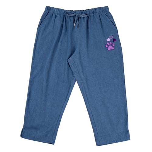 Denim Paw Print Capri Pants Embroidered Animal Lover Detail Elastic Drawstring Waist with Pockets Casual Lightweight Bottoms