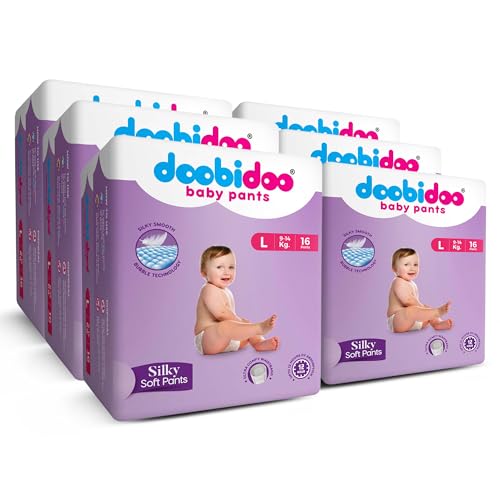 Image of Doobidoo Silky Soft Baby Pants Diapers - L Size | All-Round Softness with Bubble Soft Topsheet & Anti-Leak Side Cuffs | Rash-Free Comfort & High Absorbency for Babies (9-14 kg) - Pack of 6 | 96 Count