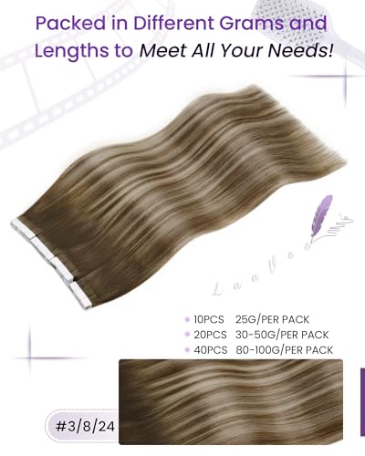Image of LaaVoo Human Hair Tape in Extensions Brown Balayage Tape in Hair Extensions Human Hair Balayage Brown to Light Brown Mixed Blonde 16 Inch 40pcs 100g