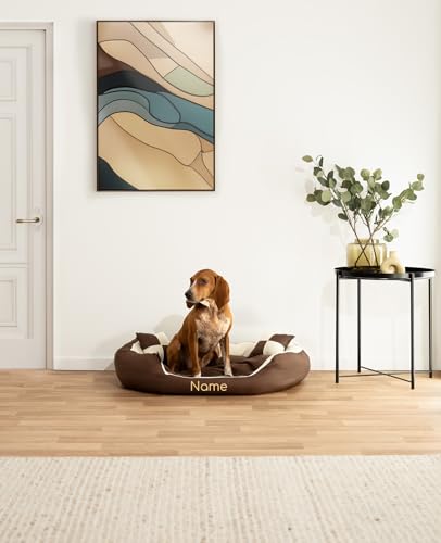 lionto Hundebett 4-in-1 mit Wendekissen aus robustem Oxford, 85x70 cm, Heimtierkissen Kratzfest mit tiefem Einstieg für Katzen und Hunde Aller Größen, wasserabweisend, braun/beige (Namensaufdruck)