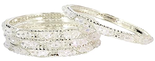 NMII Alloy Metal Silver Bangles Set For Girls & Women Studded Pearls and Chain | Stylish Bangles Bracelet | Fancy Metal bangles | Women's Jewellery | (Pack of 4), (MAH55_10479-Silver-2.4)